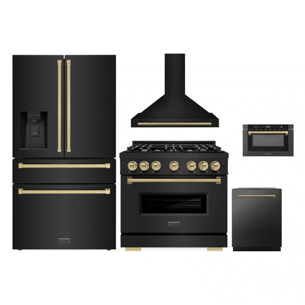ZLINE 5-Piece Appliance Package - 36-Inch Dual Fuel Range, Hood, Refrigerator with Water Dispenser, Dishwasher, and Microwave Drawer in Black Stainless Steel with Champagne Bronze Accents