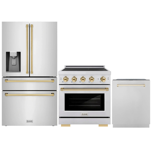 ZLINE 3-Piece Appliance Package - 30-Inch Paramount Induction Range, Refrigerator with Water Dispenser, and Dishwasher in Stainless Steel with Polished Gold Trim