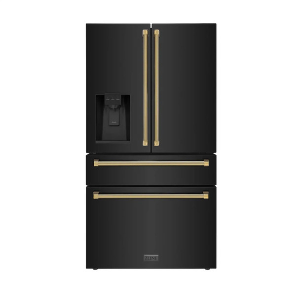 ZLINE Autograph 36-Inch Counter-Depth Fridge w/ Water Dispenser in Black Stainless Steel & Gold Helix Handles (RFMZ-W-36-BS-KG)