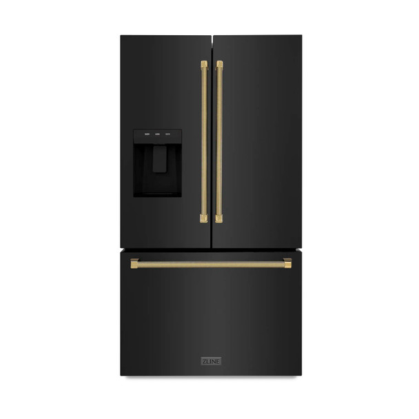 ZLINE Autograph 36-Inch Standard-Depth French Door Refrigerator with External Water Dispenser & Dual Ice Maker in Black Stainless Steel with Gold Helix Handles (RSMZ-W-36-BS-KG)