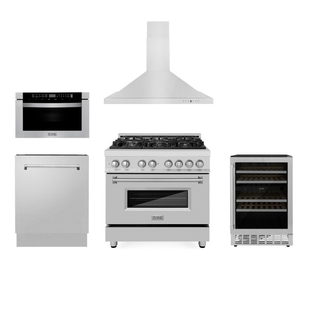 ZLINE Appliance Package - 36-Inch Dual Fuel Range, Range Hood, Microwave Drawer, Tall Tub Dishwasher and Wine Cooler in Stainless Steel (5KP-RARH36-MWDWV-RWV)