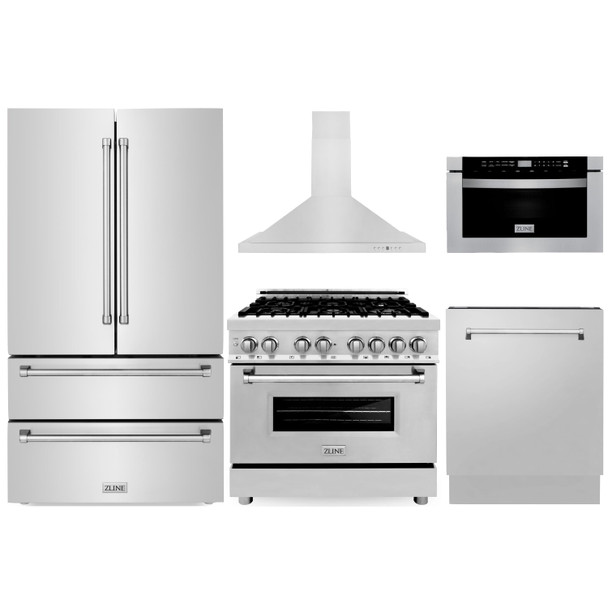 ZLINE 5-Piece Appliance Package - 36-Inch Dual Fuel Range, Refrigerator, Convertible Wall Mount Hood, Microwave Drawer, and 3-Rack Dishwasher in Stainless Steel (5KPR-RARH36-MWDWV)