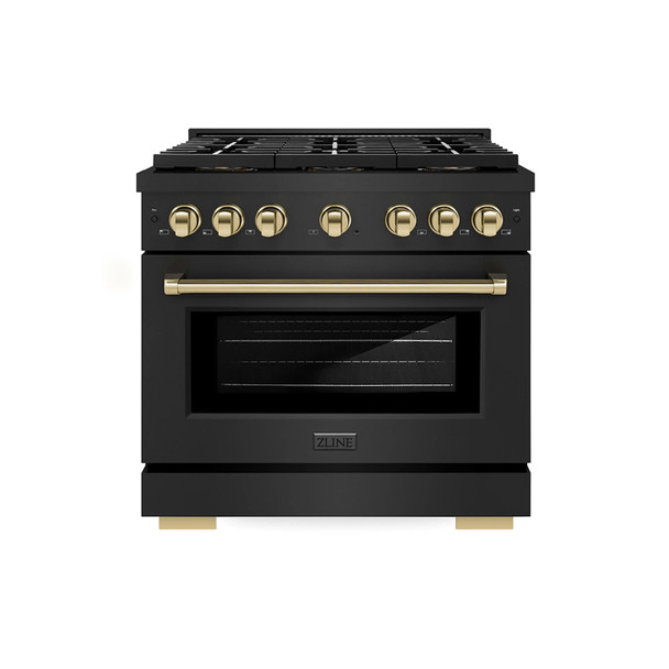ZLINE Autograph Edition 36-Inch 5.2 cu. ft. Paramount Dual Fuel Range with 6 Burner DuoPro™ Cooktop and Electric Convection Oven in Black Stainless Steel and Polished Gold Accents (PSDRBZ-36-G)