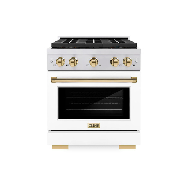ZLINE Autograph Edition 30-Inch 4.2 cu. ft. Paramount Dual Fuel Range with 4 Burner DuoPro™ Cooktop and Electric Convection Oven in Stainless Steel with White Matte Door and Polished Gold Accents (PSDRZ-WM-30-G)