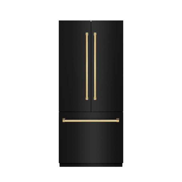 ZLINE Autograph Edition 36-Inch 19.6 cu. ft. French Door Built-In Bottom Freezer Refrigerator with Water Dispenser and Ice Maker in Black Stainless Steel with Stainless Steel Interior and Polished Gold Accents (SRBIVZ-BS-36-G)