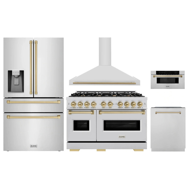 ZLINE 5-Piece Appliance Package - 48-Inch Dual Fuel Range, Hood, Refrigerator with Water Dispenser, Dishwasher, and Microwave Drawer in Stainless Steel with Champagne Bronze Accents