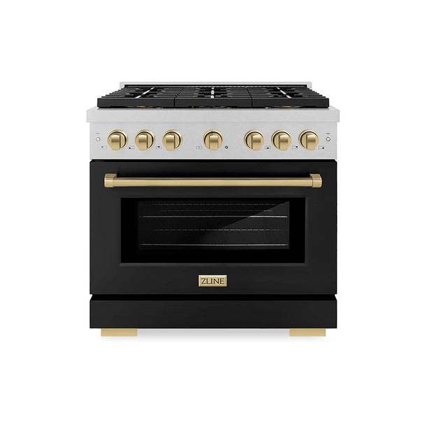 ZLINE Autograph Edition 36-Inch 5.2 cu. ft. Paramount Dual Fuel Range with 6 Burner DuoPro™ Cooktop and Electric Convection Oven in Satin Stainless Steel with Black Matte Door and Champagne Bronze Accents (PSDRSZ-BLM36-CB)