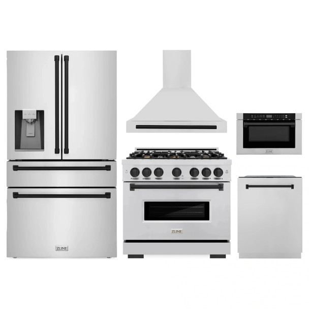ZLINE 5-Piece Appliance Package - 36-Inch Gas Range, Hood, Refrigerator with Water Dispenser, Dishwasher, and Microwave Drawer in Stainless Steel with Matte Black Accents