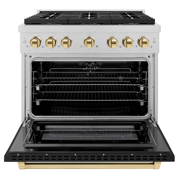 ZLINE Autograph Edition 36-Inch 5.2 cu. ft. Paramount Dual Fuel Range with 6 Burner DuoPro™ Cooktop and Electric Convection Oven in Satin Stainless Steel with Black Matte Door and Polished Gold Accents (PSDRSZ-BLM36-G)