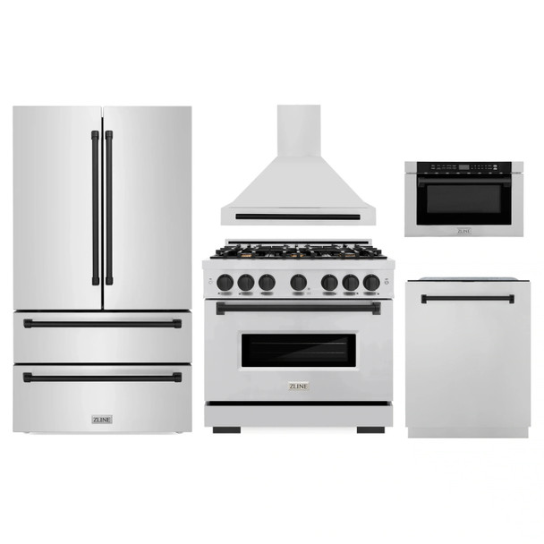 ZLINE 5-Piece Appliance Package - 36-Inch Gas Range, Hood, Refrigerator, Dishwasher, and Microwave Drawer in Stainless Steel with Matte Black Accents