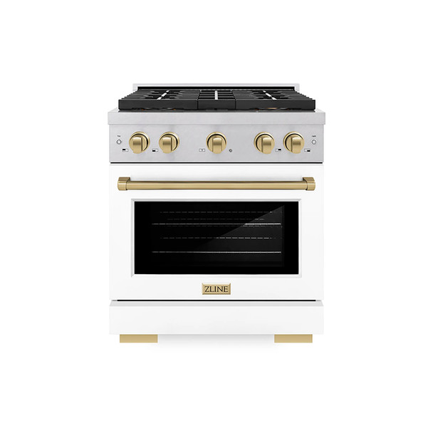 ZLINE Autograph Edition 30-Inch 4.2 cu. ft. Paramount Dual Fuel Range with 4 Burner DuoPro™ Cooktop and Electric Convection Oven in Satin Stainless Steel with White Matte Door and Champagne Bronze Accents (PSDRSZ-WM-30-CB)