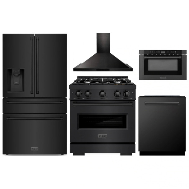 ZLINE 5-Piece Appliance Package - 30-Inch Dual Fuel Range, Hood, Refrigerator with Water Dispenser, Dishwasher, and Microwave Drawer in Black Stainless Steel
