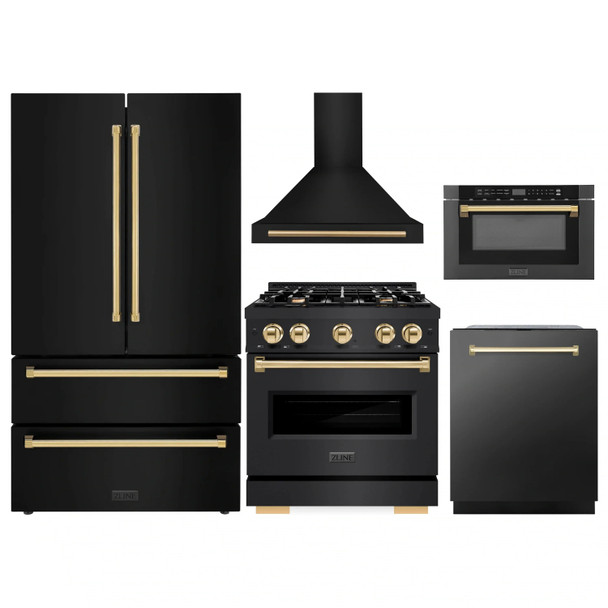 ZLINE 5-Piece Appliance Package - 30-Inch Gas Range, Hood, Refrigerator, Dishwasher, and Microwave Drawer in Black Stainless Steel with Gold Accents