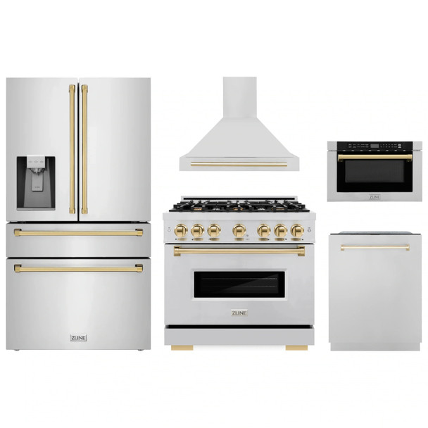 ZLINE 5-Piece Appliance Package - 36-Inch Dual Fuel Range, Hood, Refrigerator with Water Dispenser, Dishwasher, and Microwave Drawer in Stainless Steel with Gold Accents