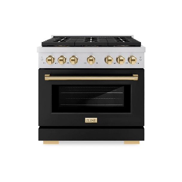 ZLINE Autograph Edition 36-Inch 5.2 cu. ft. Paramount Gas Range with 6 Burner DuoPro™ Cooktop and Convection Gas Oven with Black Matte Door and Polished Gold Accents (PSGRZ-BLM-36-G)