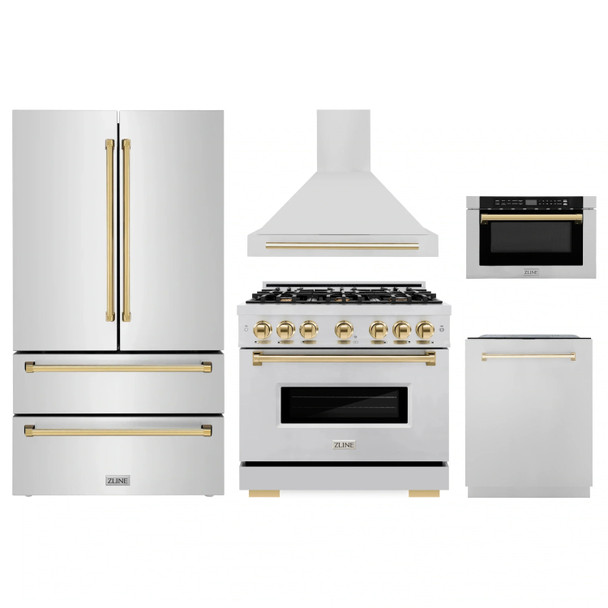 ZLINE 5-Piece Appliance Package - 36-Inch Gas Range, Hood, Refrigerator, Dishwasher, and Microwave Drawer in Stainless Steel with Gold Accents