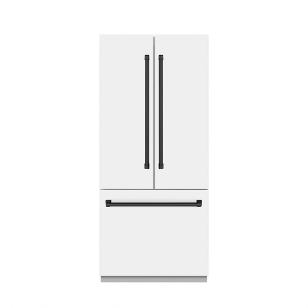 ZLINE Autograph Edition 36-Inch 19.6 cu. ft. French Door Built-In Bottom Freezer Refrigerator with Water Dispenser and Ice Maker in White Matte with Stainless Steel Interior and Matte Black Accents (SRBIVZ-WM-36-MB)