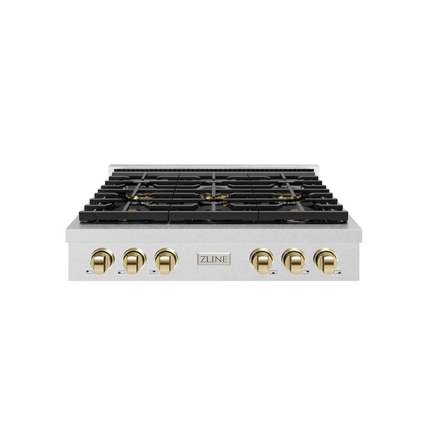 ZLINE Autograph Edition 36-Inch Paramount Gas Rangetop with 6 Burner DuoPro™ Cooktop in Satin Stainless Steel and Polished Gold Accents (PSRTSZ-36-G)