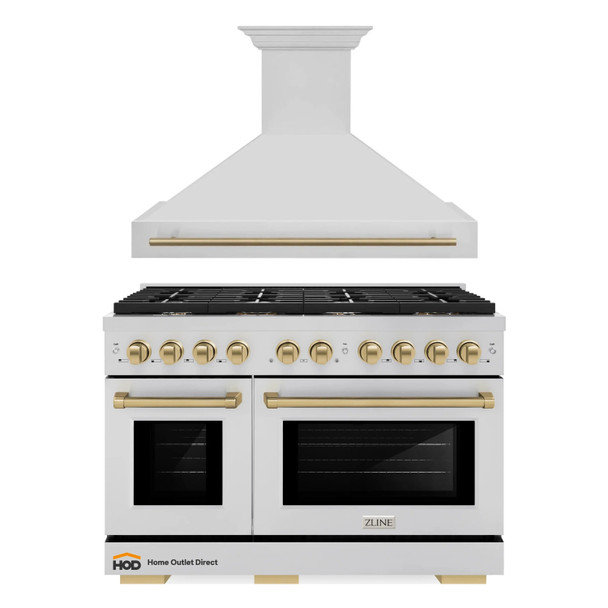 ZLINE Autograph Edition 2-Piece Appliance Package - 48-Inch Gas Range & Wall Mounted Range Hood in Stainless Steel with Champagne Bronze Trim (2AKPR-SGRRH48-CB)