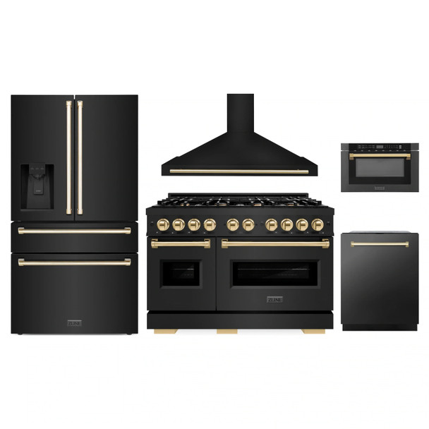 ZLINE 5-Piece Appliance Package - 48-Inch Gas Range, Hood, Refrigerator with Water Dispenser, Dishwasher, and Microwave Drawer in Black Stainless Steel with Gold Accents