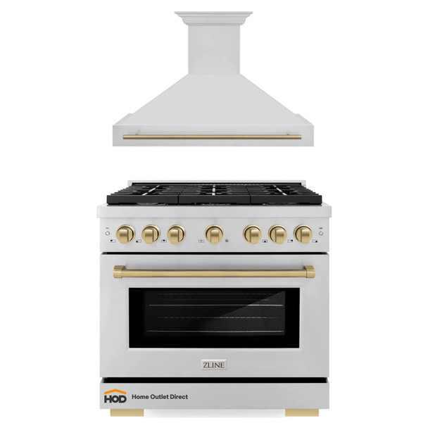 ZLINE Autograph Edition 2-Piece Appliance Package - 36-Inch Gas Range & Wall Mounted Range Hood in Stainless Steel with Champagne Bronze Trim (2AKP-SGRRH36-CB)