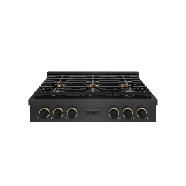 ZLINE Designer 36-Inch Paramount Gas Rangetop with 6 Burner DuoPro™ Cooktop in Black Satin with Black and Champagne Accents (PSRTBSZ-36-MBCB)