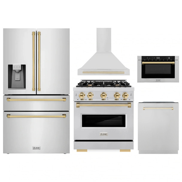 ZLINE 5-Piece Appliance Package - 30-Inch Dual Fuel Range, Hood, Refrigerator with Water Dispenser, Dishwasher, and Microwave Drawer in Stainless Steel with Gold Accents