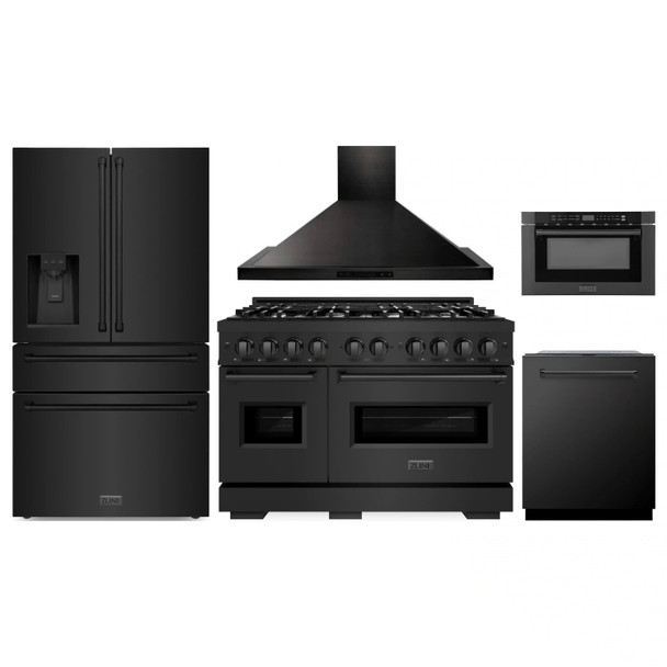 ZLINE 5-Piece Appliance Package - 48-Inch Gas Range, Hood, Refrigerator with Water Dispenser, Dishwasher, and Microwave Drawer in Black Stainless Steel