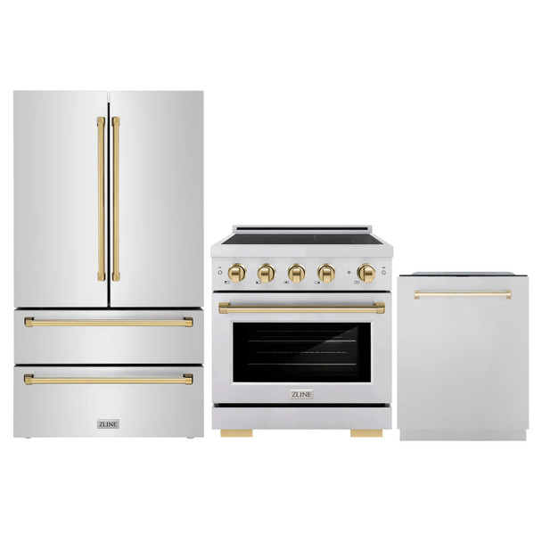 ZLINE 3-Piece Appliance Package - 30-Inch Autograph Edition Induction Range, 36-Inch French Door Refrigerator, and Dishwasher in Stainless Steel with Gold Trim