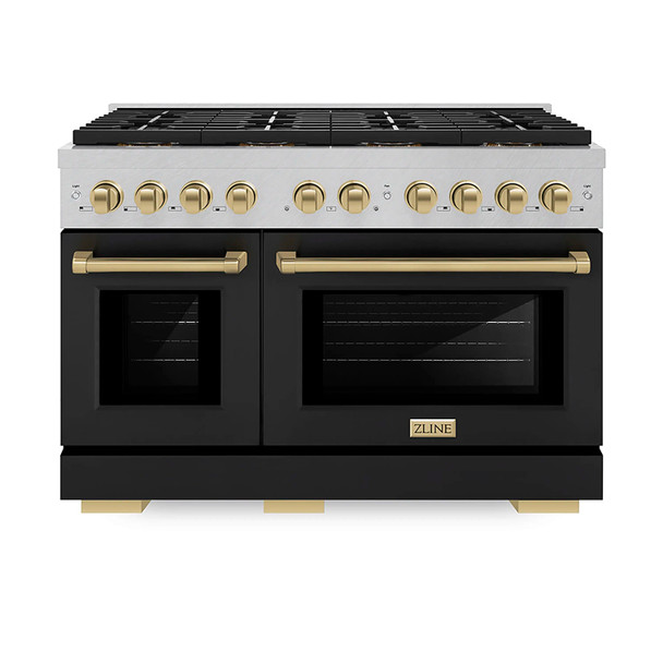 ZLINE Autograph Edition 48-Inch 6.7 cu. ft. Paramount Gas Range with 8 Burner DuoPro™ Cooktop and Dual Ovens in Satin Stainless Steel with Black Matte Doors and Champagne Bronze Accents (PSGRSZ-BLM48-CB)
