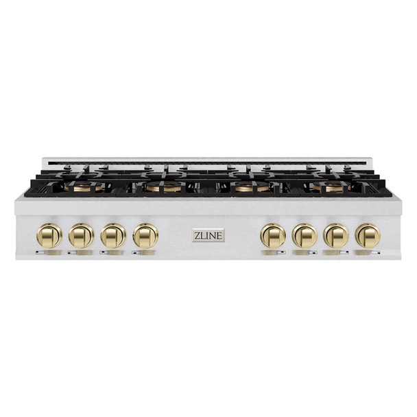 ZLINE Autograph Edition 48-Inch Classic Gas Rangetop with 8 Burner DuoPro™ Cooktop in Satin Stainless Steel and Polished Gold Accents (PCRTSZ-48-G)