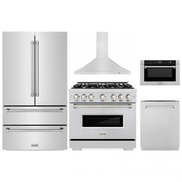ZLINE 5-Piece Appliance Package - 36-Inch Dual Fuel Range, Hood, Refrigerator, Dishwasher, and Microwave Drawer in Stainless Steel