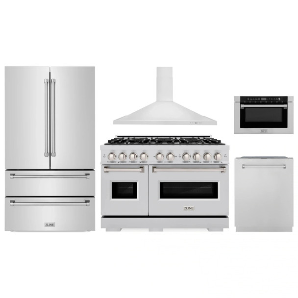 ZLINE 5-Piece Appliance Package - 48-Inch Gas Range, Hood, Refrigerator, Dishwasher, and Microwave Drawer in Stainless Steel