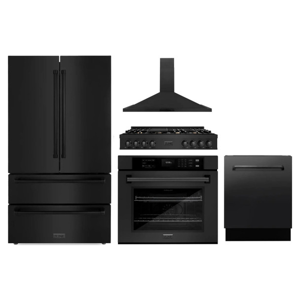 ZLINE 5-Piece Appliance Package - 48-Inch Rangetop with Brass Burners, Refrigerator, 30-Inch Electric Wall Oven, 3-Rack Dishwasher, and Convertible Wall Mount Hood in Black Stainless Steel (5KPR-RTBRH48-AWSDWV)
