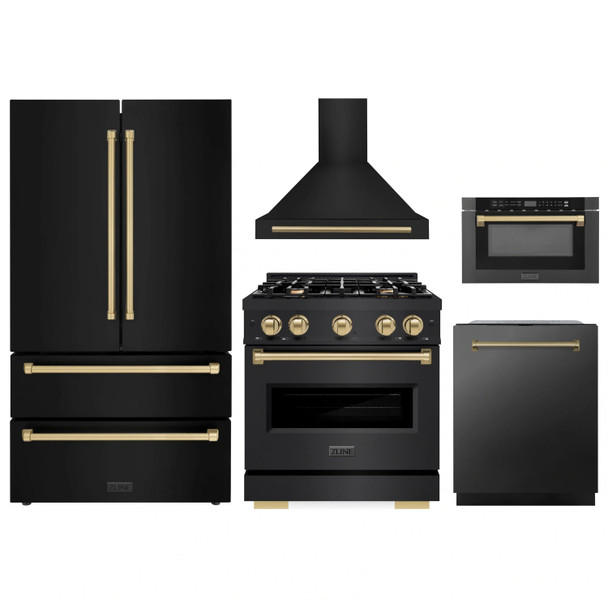 ZLINE 5-Piece Appliance Package - 30-Inch Dual Fuel Range, Hood, Refrigerator, Dishwasher, and Microwave Drawer in Black Stainless Steel with Champagne Bronze Accents