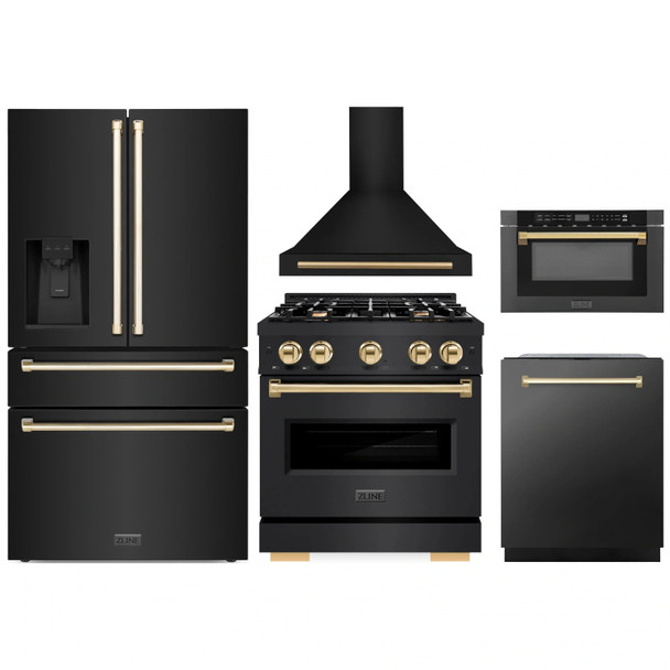 ZLINE 5-Piece Appliance Package - 30-Inch Gas Range, Hood, Refrigerator with Water Dispenser, Dishwasher, and Microwave Drawer in Black Stainless Steel with Gold Accents