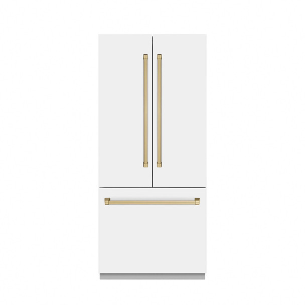 ZLINE Autograph Edition 36-Inch 19.6 cu. ft. French Door Built-In Bottom Freezer Refrigerator with Water Dispenser and Ice Maker in White Matte with Stainless Steel Interior and Champagne Bronze Accents (SRBIVZ-WM-36-CB)