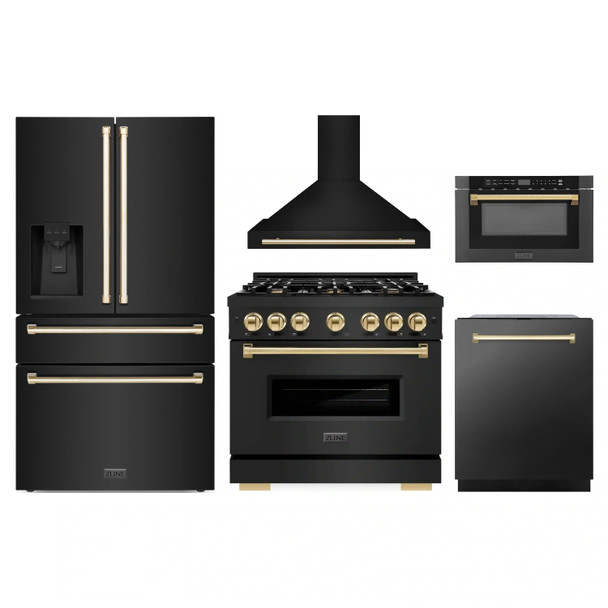 ZLINE 5-Piece Appliance Package - 36-Inch Gas Range, Hood, Refrigerator with Water Dispenser, Dishwasher, and Microwave Drawer in Black Stainless Steel with Gold Accents