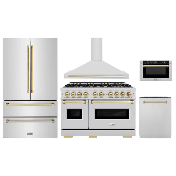 ZLINE 5-Piece Appliance Package - 48-Inch Dual Fuel Range, Hood, Refrigerator, Dishwasher, and Microwave Drawer in Stainless Steel with Gold Accents