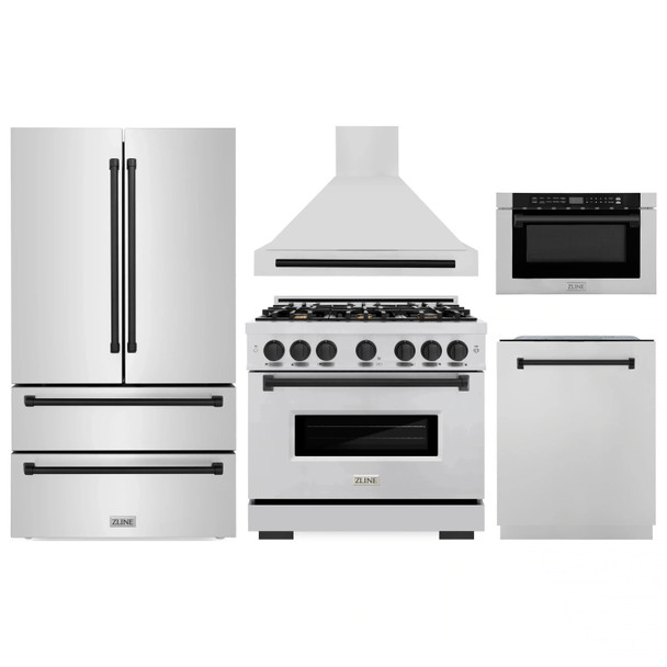 ZLINE 5-Piece Appliance Package - 36-Inch Dual Fuel Range, Hood, Refrigerator, Dishwasher, and Microwave Drawer in Stainless Steel with Matte Black Accents