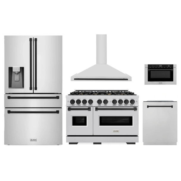 ZLINE 5-Piece Appliance Package - 48-Inch Gas Range, Hood, Refrigerator with Water Dispenser, Dishwasher, and Microwave Drawer in Stainless Steel with Matte Black Accents
