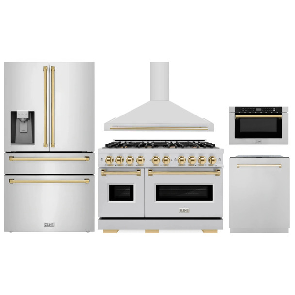 ZLINE 5-Piece Appliance Package - 48-Inch Gas Range, Hood, Refrigerator with Water Dispenser, Dishwasher, and Microwave Drawer in Stainless Steel with Gold Accents