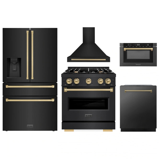 ZLINE 5-Piece Appliance Package - 30-Inch Gas Range, Hood, Refrigerator with Water Dispenser, Dishwasher, and Microwave Drawer in Black Stainless Steel with Champagne Bronze Accents