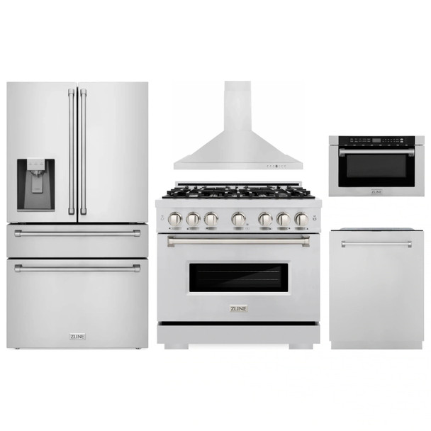 ZLINE 5-Piece Appliance Package - 36-Inch Dual Fuel Range, Hood, Refrigerator with Water Dispenser, Dishwasher, and Microwave Drawer in Stainless Steel