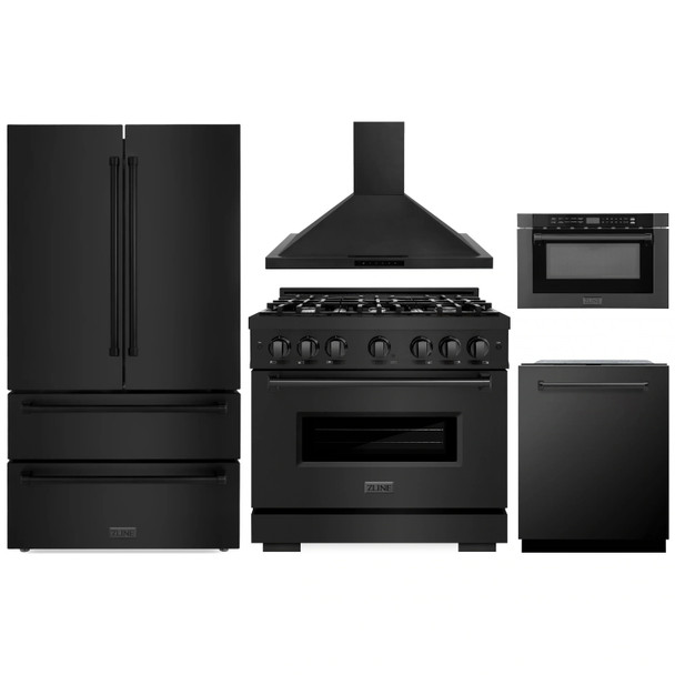 ZLINE 5-Piece Appliance Package - 36-Inch Dual Fuel Range, Hood, Refrigerator, Dishwasher, and Microwave Drawer in Black Stainless Steel
