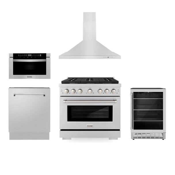 ZLINE Appliance Package - 36-Inch Gas Range, Range Hood, Microwave Drawer, Tall Tub Dishwasher and Beverage Fridge in Stainless Steel (5KP-SGRRH36-MWDWV-RBV)