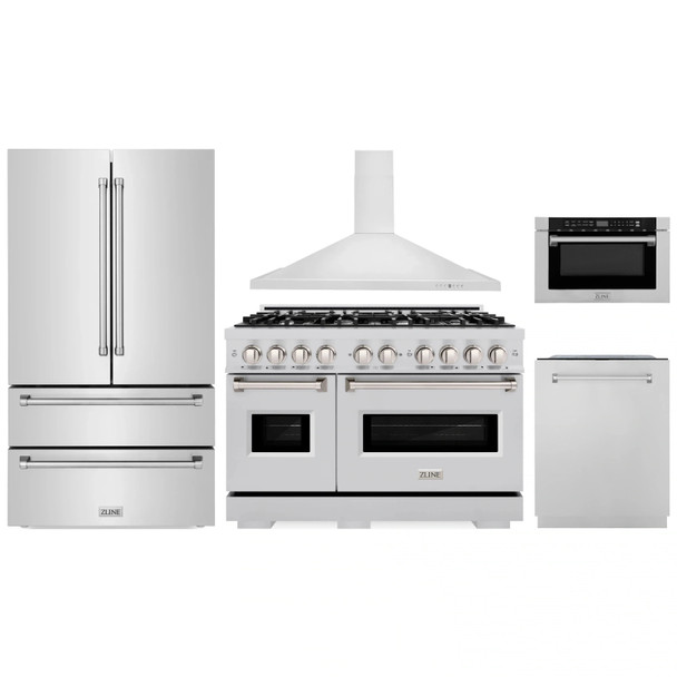 ZLINE 5-Piece Appliance Package - 48-Inch Dual Fuel Range, Hood, Refrigerator, Dishwasher, and Microwave Drawer in Stainless Steel
