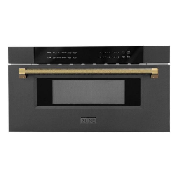 ZLINE Autograph 30-Inch Microwave Drawer in Black Stainless Steel and Polished Gold Helix Handle (MWDZ-30-BS-KG)