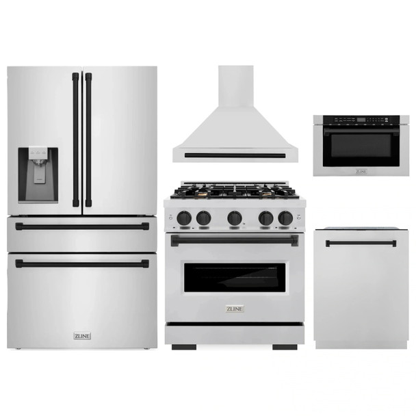 ZLINE 5-Piece Appliance Package - 30-Inch Gas Range, Hood, Refrigerator with Water Dispenser, Dishwasher, and Microwave Drawer in Stainless Steel with Matte Black Accents