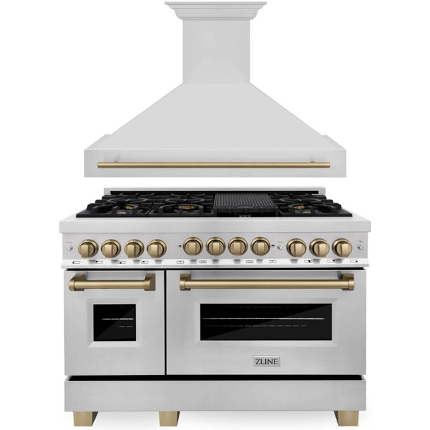 ZLINE Autograph Edition 2-Piece Appliance Package - 48-Inch Dual Fuel Range & Wall Mounted Range Hood in Stainless Steel with Champagne Bronze Trim (2AKP-RARH48-CB)
